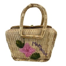 Beachy Tropical Woven Straw Basket Bag Martinique Floral Raffia Vacation Summer