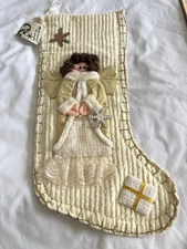 Vintage C & F Enterprises 3D Angel Large Applique Beige Christmas Stocking NEW 