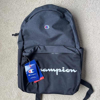 Champion Black Backpack Blue Lining 16x12x6 New w/ Tags Logo Straps