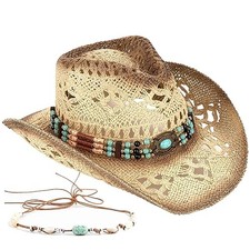 Men's Women's Straw Cowboy Hat Cowgirl Woven Sun Hat Western One Size Beige-a