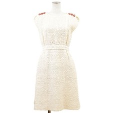 CHANEL Tweed Dress P56049 17y CC Logo Lion-Head Women Size 36 Ivory Pink