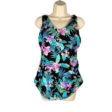 Swimsuits For All One Piece Womens 16 Black Turquoise Tropical Soft Cups