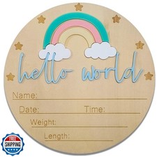 Baby Announcement Sign - 5.9  Round Wooden Hello World Newborn Sign with 3D R