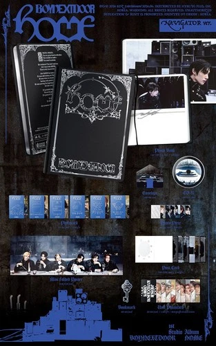 BOYNEXTDOOR 1st Studio Album RANDOM Ver./CD+Book+Poster+Photo+3 Card+GIFT with B&W band photo and black text.