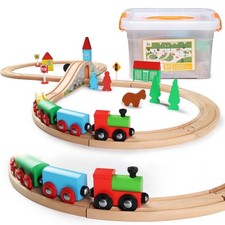 Sainsmart Jr. Wooden Train Set For Toddler Double-Side Train Tracks Fits Brio
