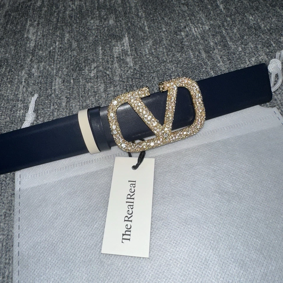 Valentino Garavani Reversible Blue And Cream Belt Studded Buckle Size 30-32 - Image 2 of 4