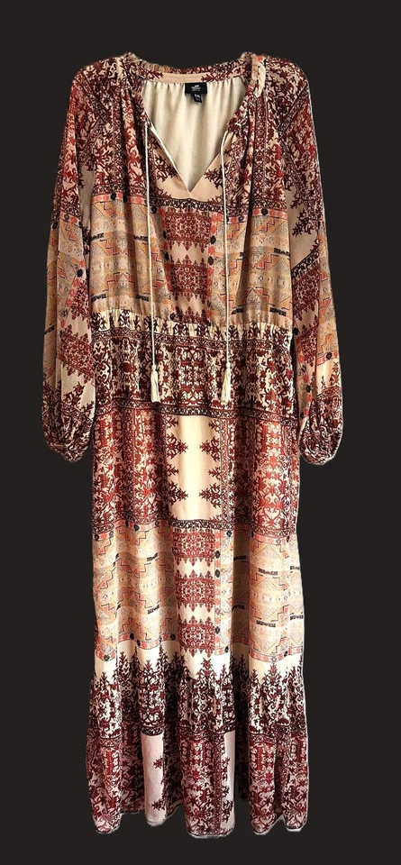 Vestido Boho Midi 2X Plus Multicolor Neutro Azteca Floral Cuello en V Fluido Bohemio Usado en Excelente Condición Foto 4 de 4