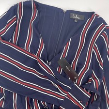 Lulus Navy Striped Wrap Dress Long Sleeve V-Neck Tie Waist Polyester L
