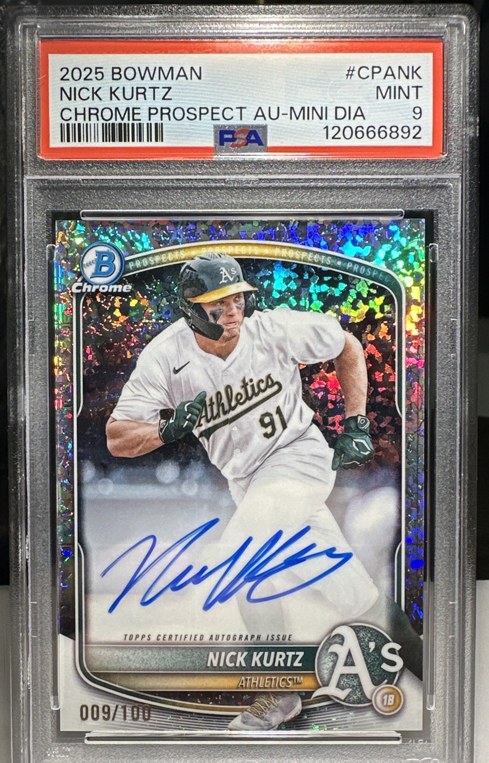 2025 Bowman Chrome Nick Kurtz Mini Diamonds Auto Prospects #CPA-NK #9/100 A’s