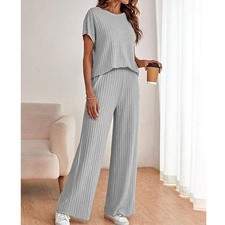 NWT  Gray 2pc Ribbed Knit Crewneck Sleeveless Pantsuit Outfit Set  Women's MED