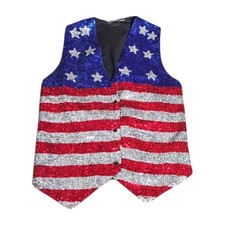 Vintage American Flag Sequin Vest Patriotic Red White Blue Star Snap Front Rodeo