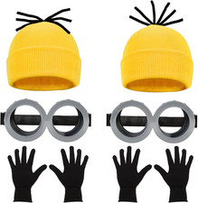 6 Pcs Halloween Costume Accessories Kit for Adult, Yellow Beanie Hat, Gloves, St