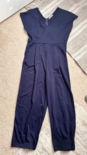 Large Navy Blue Jumpsuit with Slightly Cropped Leg Zip Women's V Neck