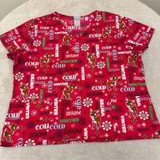 Rudolph the Red-Nosed Reindeer Scrub Top Womens XL Red V-Neck Pockets