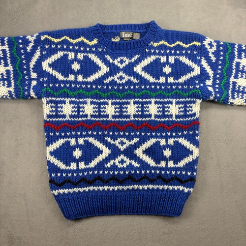 VTG Fair Isle Sweater Women Med Blue Acrylic Wool Hand Knit Crewneck Heavy Fuzzy, $25.49 - Photo 9