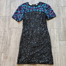 Laurence Kazar Vintage Beaded Silk Mini Dress Sequin Size Petite M 80s Party