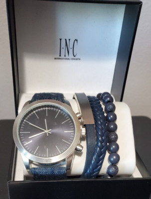 INC INTERNATIONAL CONCEPTS Stainless Steel Blue Denim Men's Watch & Bracelets W2