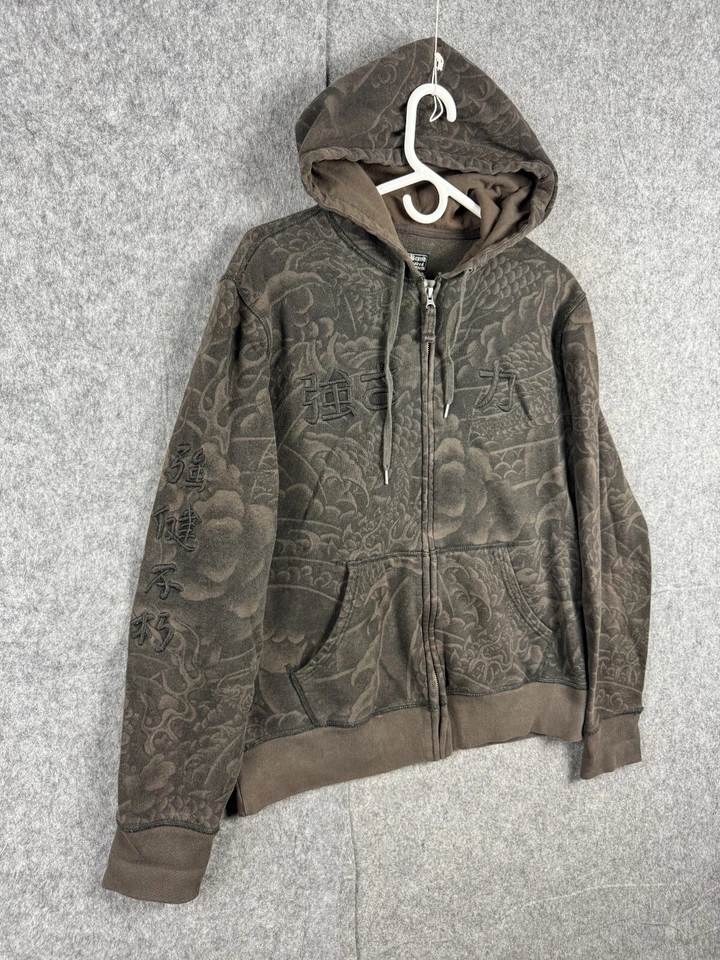 Chaqueta con Capucha Marca LUCKY De Colección Para Hombre Mediana Marrón Dragón AOP Kanji Y2K Foto 2 de 4