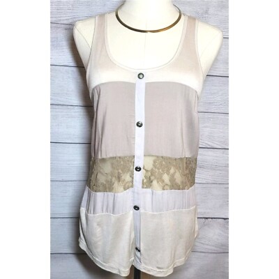 Lush Womens Tank Top Size XS Lace Contrasting Fabric Color Block Tan Beach 