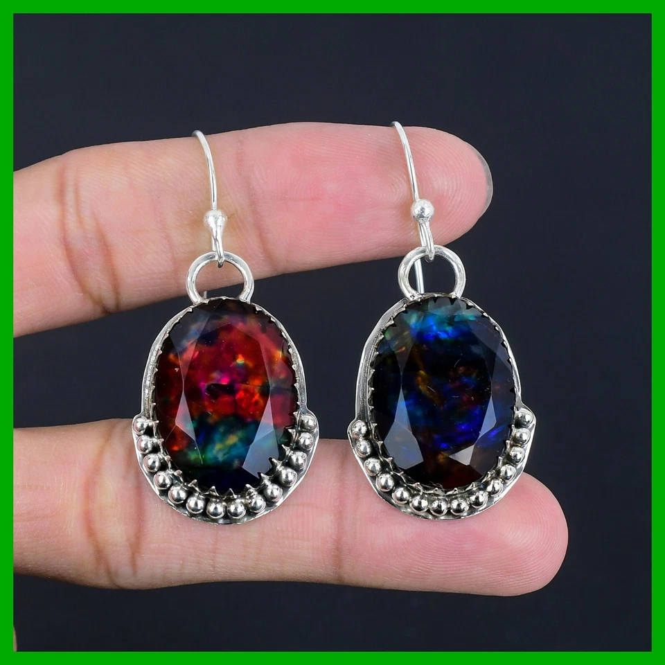 Женский день продажи 925 Серебряный овальный натуральный аммолит крюк падение подвеской безель серьги - Изображение 2 из 4