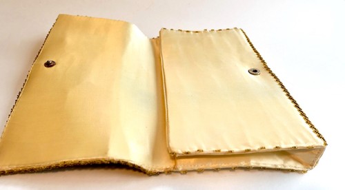 Vintage 60s Butter Satin Yellow Gold Sequin Beaded Clutch Purse Rockabilly Mod - Picture 6 of 10