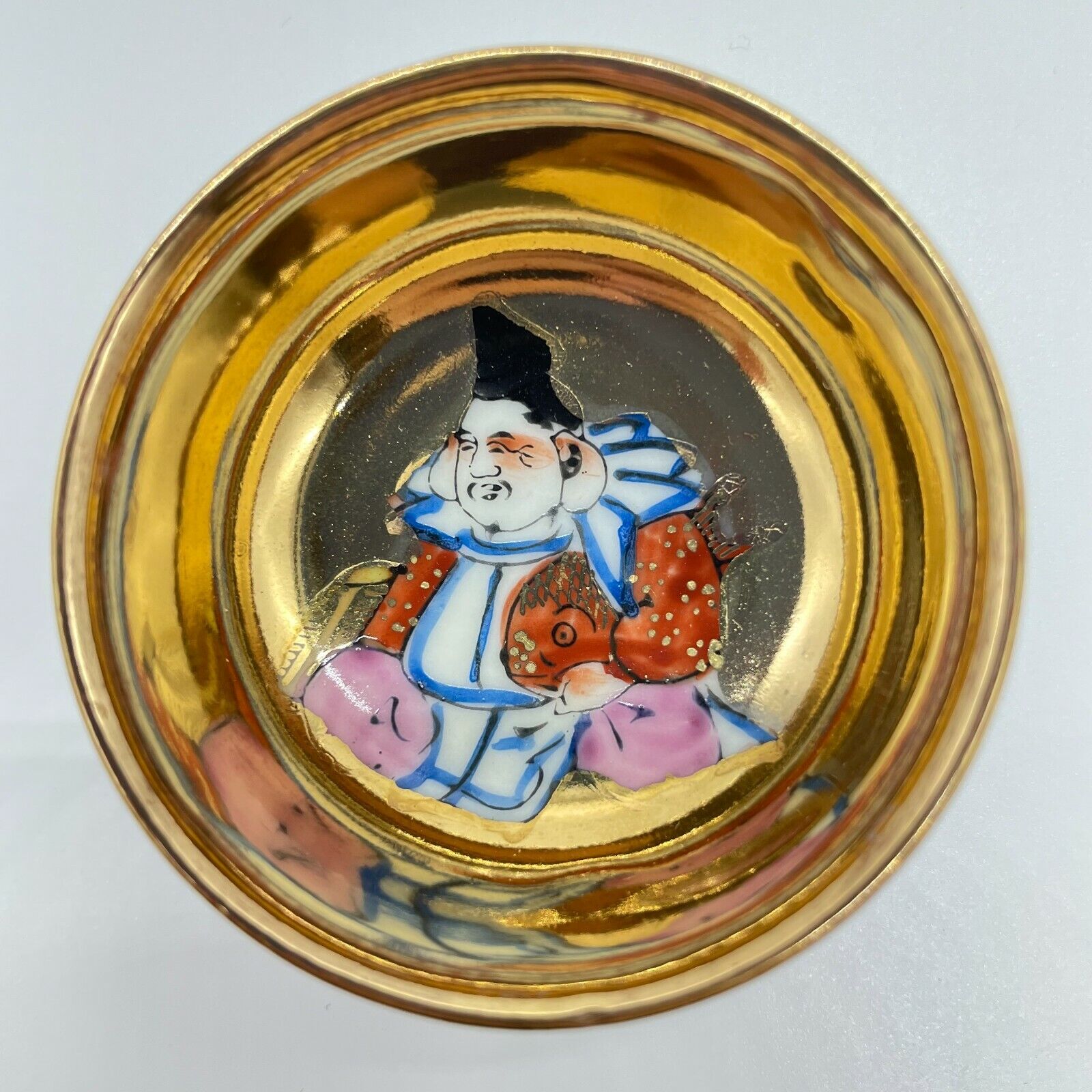 Vintage Japanese Porcelain Kutani Ware Gold Sake Cup God of Ebis