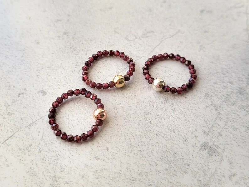 A++ Dainty Red Garnet Faceted Round Gemstone Beads Stretchable Rings For Girls - Image 2 of 4