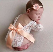 Newborn Girl Outfit Photo Prop Baby Infant 2 Pcs Set Bodysuit  Flower Headband