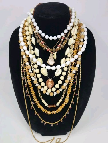 Lot of 12 Neutral Color Necklaces Costume Jewelry Beaded Chain Stone Shell Wood