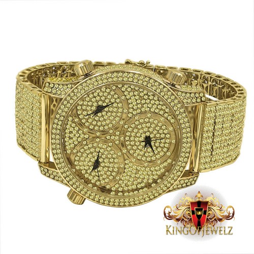 Canary Gold Tone Finish 3 Time zones Lab Simulate Diamonds Custom Band Men Watch - Picture 2 of 4