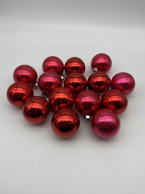 15 Vintage Shiny RED Glass Christmas Ornaments 1 1/2'' Made In USA