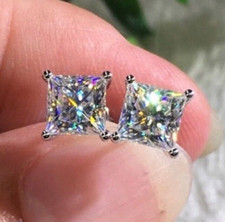 2.00 Ct Princess Cut White Diamond Solitaire Studs-Great Shine  Bling