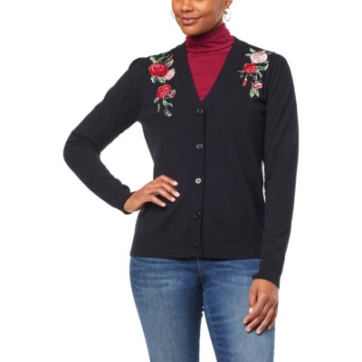 DG2 Diane Gilman Soft Ease Embroidered Puff-Sleeve Cardigan, Black, 1X, 811706