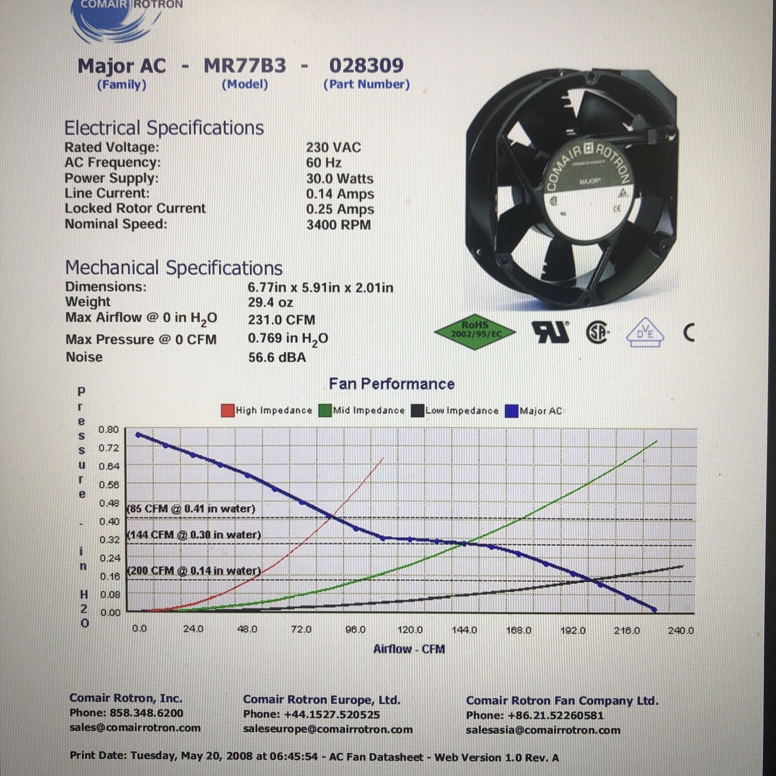 Comair Rotron Thermally Protected Fan MR77B3 230 VAC 50/60 Hz EN FOR EN60950