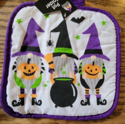 NEW KITCHEN POTHOLDER Halloween Gnomes Witches Purple Quilted 100% Cotton