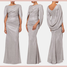 NWT Betsy Adam  14  Drape Cape Metallic Sleeve Trumpet Gown TaupeSilver Q1184