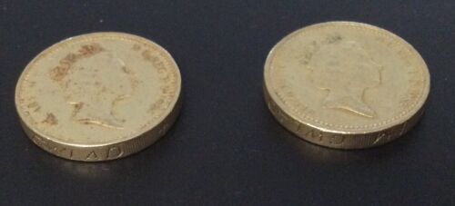 British 1 Pound Coins (2) dated 1985 (1) with edge lettering upside down!