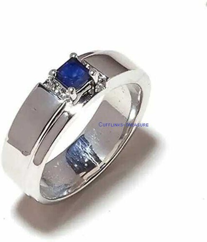 Natural Blue Sapphire Gemstone with 925 Sterling Silver Ring For Men's #C454 - Picture 2 of 4