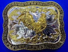 Chicken Rooster Western Rodeo Cock Gold  Silver Tone Fashion Large Belt Buckle