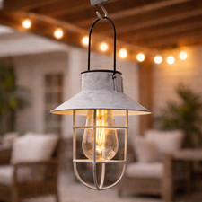 Solar Grey Vintage Filament LED Hanging Lantern Outdoor Garden Fisherman Light