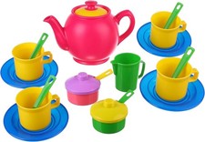 Toy Tea Set, 18-Piece Pretend Play Set with 6 Colors - Includes Teapot, Cups,