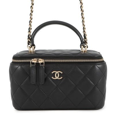 CHANEL Matelasse Top Handle 2-Way Vanity Bag Lambskin Black AP1472
