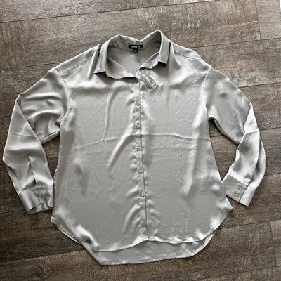 Express Women s Oversized Button Down Long Sleeve Blouse-grey Size S.
