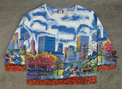 Take Two Shirt Womens Large Blue Red Beaded New York Skyline Wearable Art NWOT