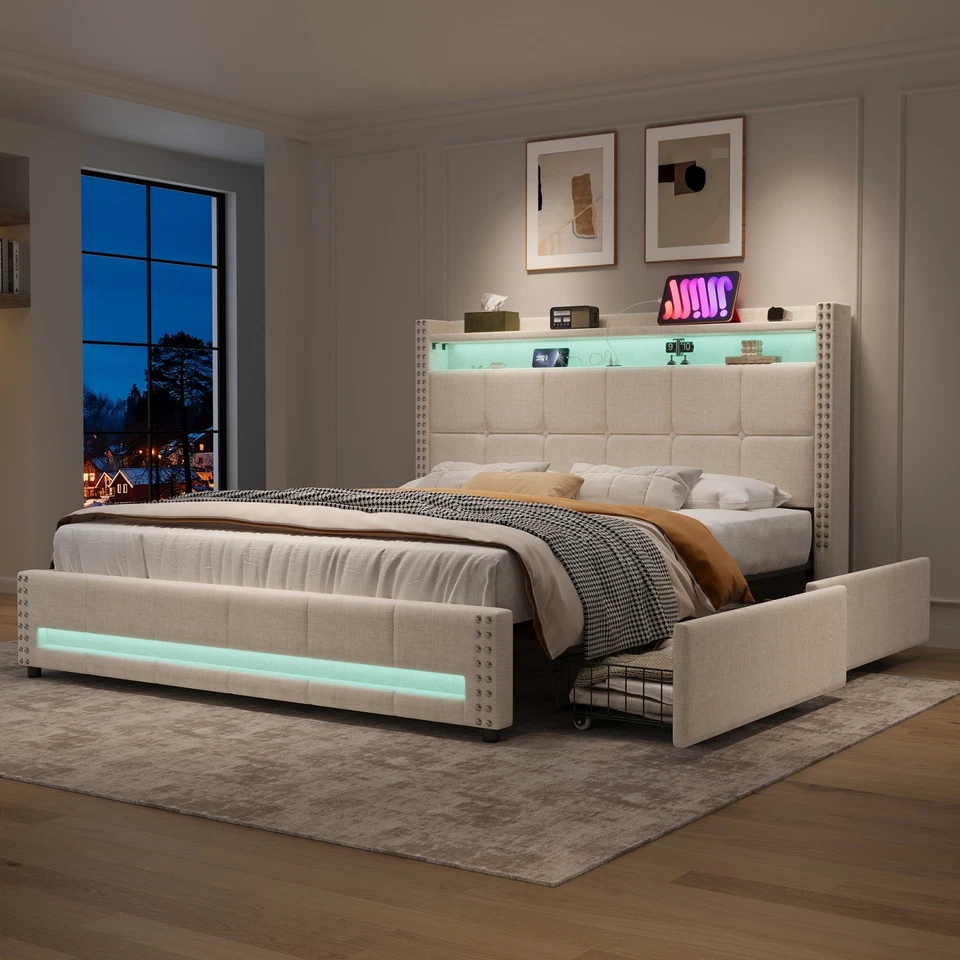 MERAX Upholstered Bed Frame 4ft6 Double Bed LED Lights with Storage Drawers, Headboard