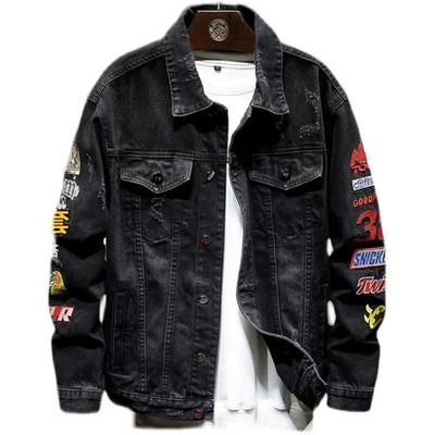 High-end Denim Jacket Men's Fashion Brand Spring Loose Hip Hop Embroidery Handso