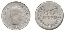 Colombia 20 Centavos, 1969-1970, KM #237, XF-Extremely Fine