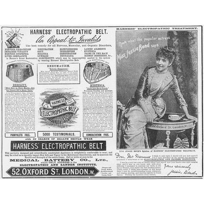 GESCHIRR ELEKTROPATHISCHER GÜRTEL Jessie Bond Motiv viktorianische Werbung 1891