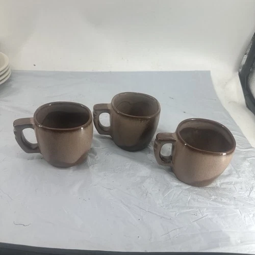 Frankoma Plainsman Brown Pottery Matted Glazed Coffee Mugs X3 3.25 H-5-C