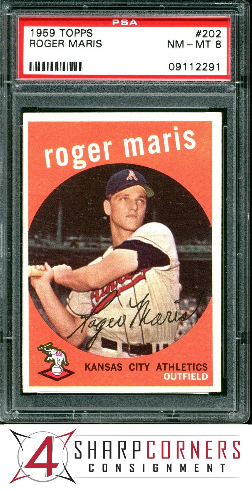 1959 TOPPS #202 ROGER MARIS ATHLETICS WHITE BACK PSA 8